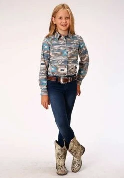 Girl's Roper Stepped Aztec Snap Front Shirt #03-080-0067-0770BU -Western Kidz Sales 0308000670770b