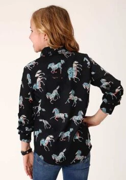 Girl's Roper Black Horse Print Long Sleeves #03-080-0590-0154 -Western Kidz Sales 9bbc12e25699ac0ab06bc352f04a1a65