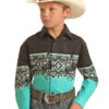 Boy's Panhandle Teal & Black Border Print Long Sleeve #C0S3011 -Western Kidz Sales C0S3011