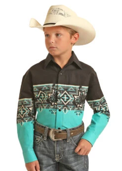 Boy's Panhandle Teal & Black Border Print Long Sleeve #C0S3011