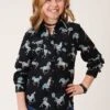 Girl's Roper Black Horse Print Long Sleeves #03-080-0590-0154 -Western Kidz Sales db1090caf32a1794bb9b5fb8f0ef47e1